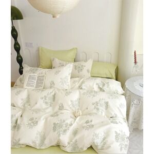 Janet Green/White Floral‎ 100% Cotton Comforter Set Queen Shabby Chic French